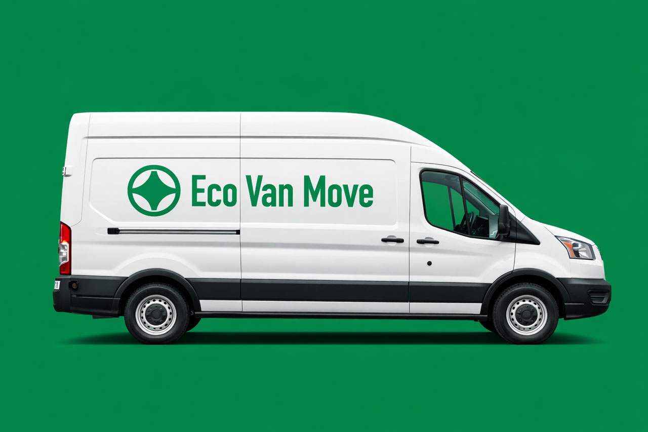 White color high roof cargo van with Eco Van Move green logo on it.