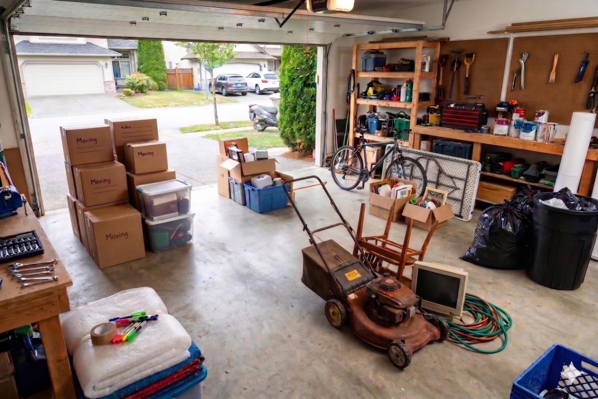 An open garage packed with labeled moving boxes, packing supplies, a lawnmower, a bicycle, and a workbench.