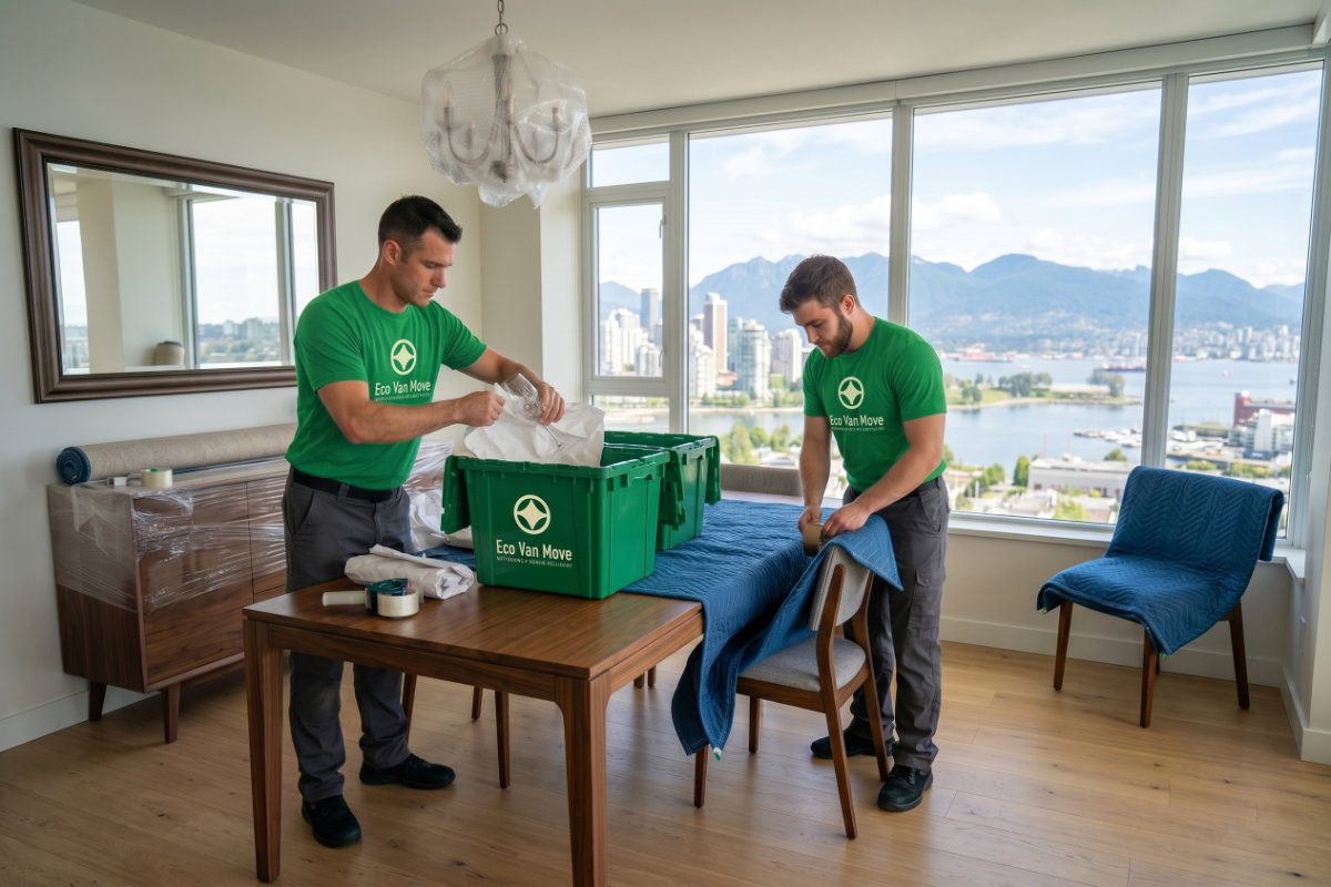 Two Eco Van Move professionals packing glassware into branded green bins & wrapping furniture in an apartment with city view.