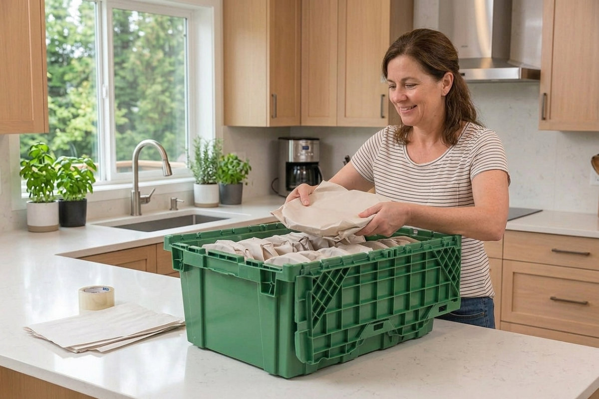 A woman in a kitchen carefully packs individually paper-wrapped plates into a green Eco Van Move reusable crate.