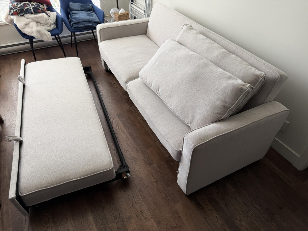 Sofa bed purchased through Craigslist prepared for pickup and delivery by Eco Van Move in Metro Vancouver.