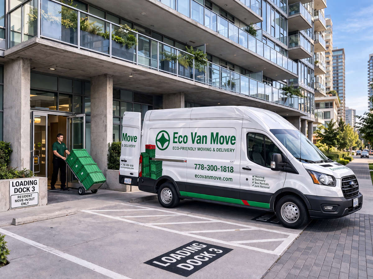 Mover with green bins entering apartment loading dock beside Eco Van Move cargo van.