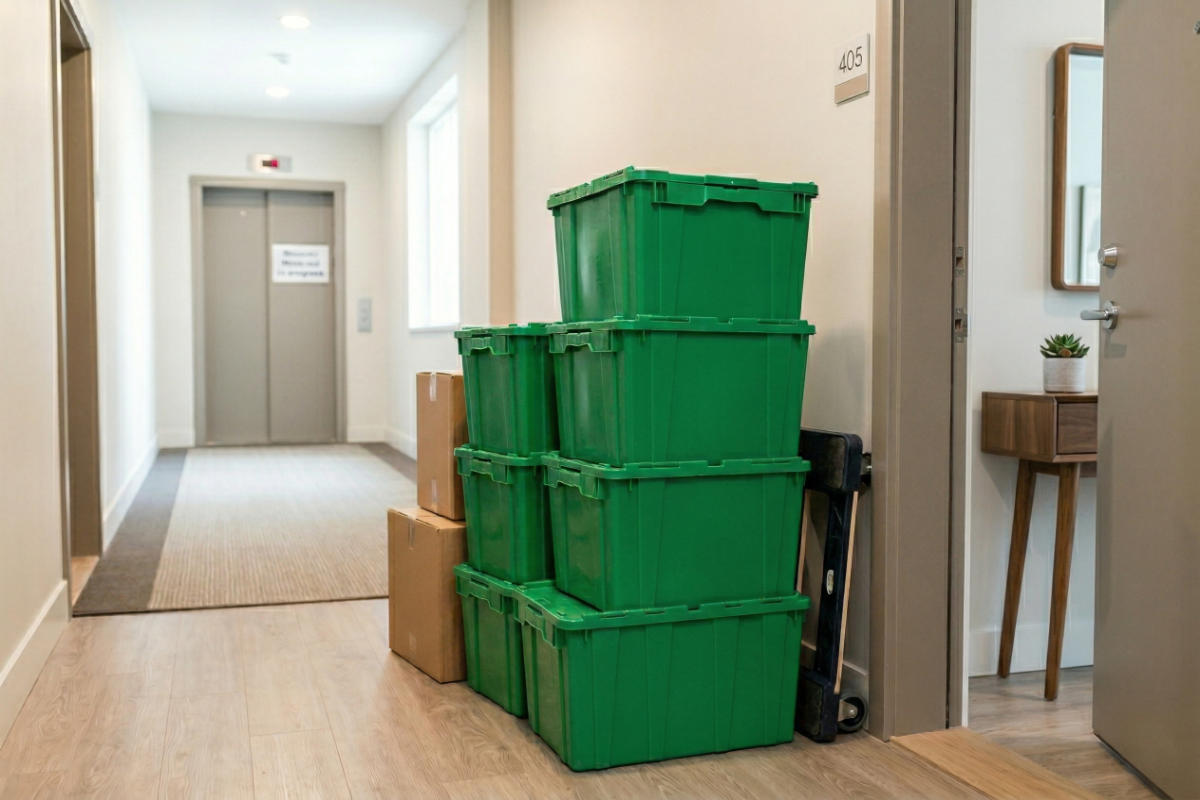 Stacks of green reusable moving crates in an apartment hallway.