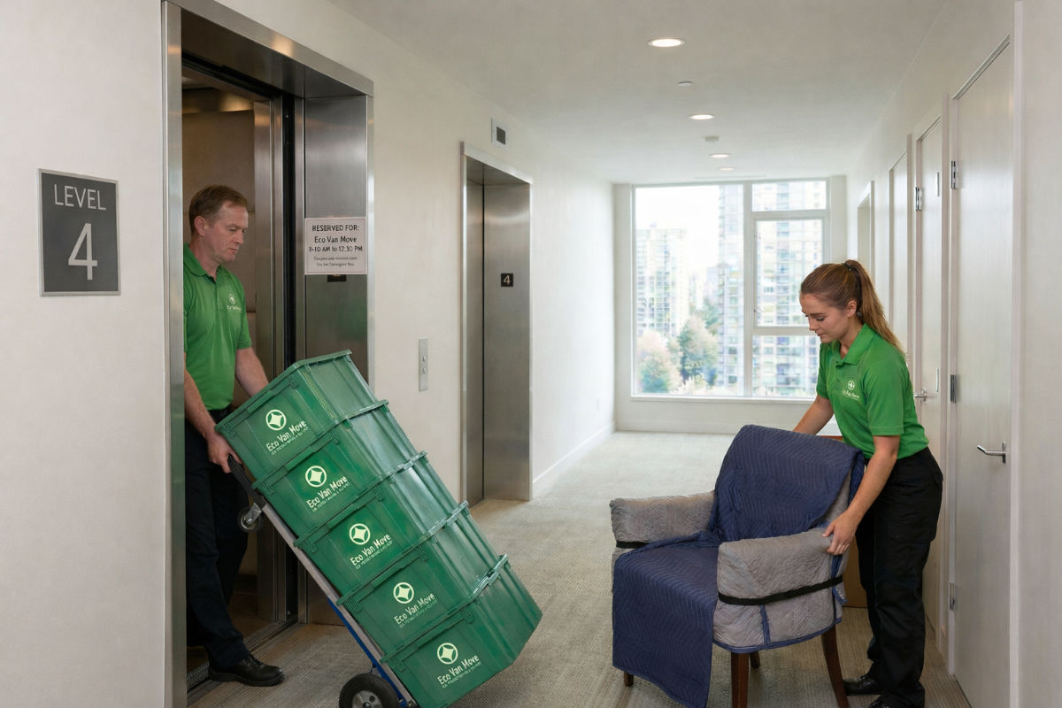 Movers unloading stacked green reusable moving bins and a wrapped chair from an elevator in a modern condo hallway.