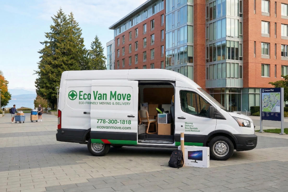 Eco Van Move cargo van parked on campus with open side door, boxes and items ready for moving.