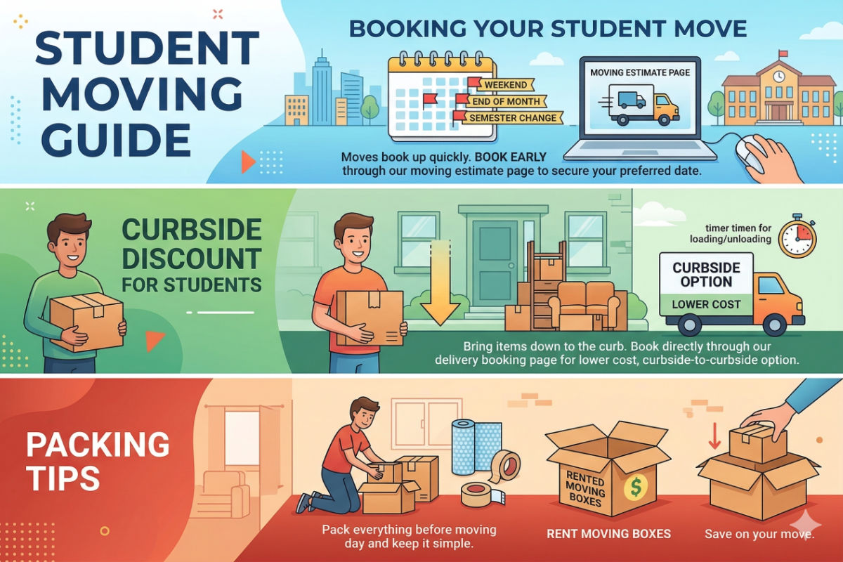 Student move infographic: sections on early booking, curbside discounts, and packing tips for saving money.