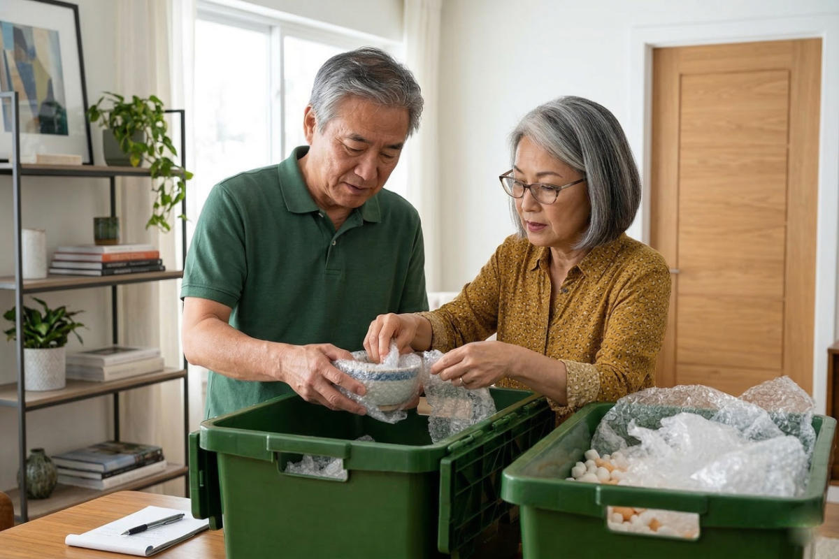 Older couple packing a bowl into a green moving crate with bubble wrap and packing peanuts.