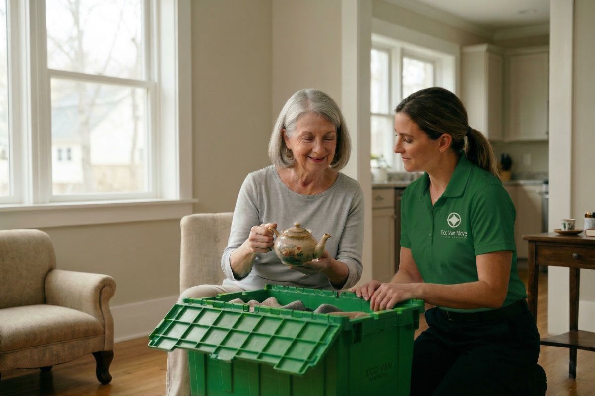 An Eco Van Move employee helps an older woman pack a decorative teapot into a green moving crate.
