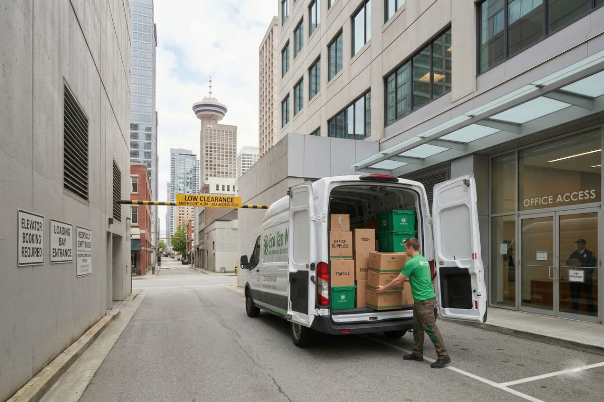 Vancouver office relocation. Men unload boxes from Eco Van delivery van in a narrow urban alley near the Harbour Centre tower.