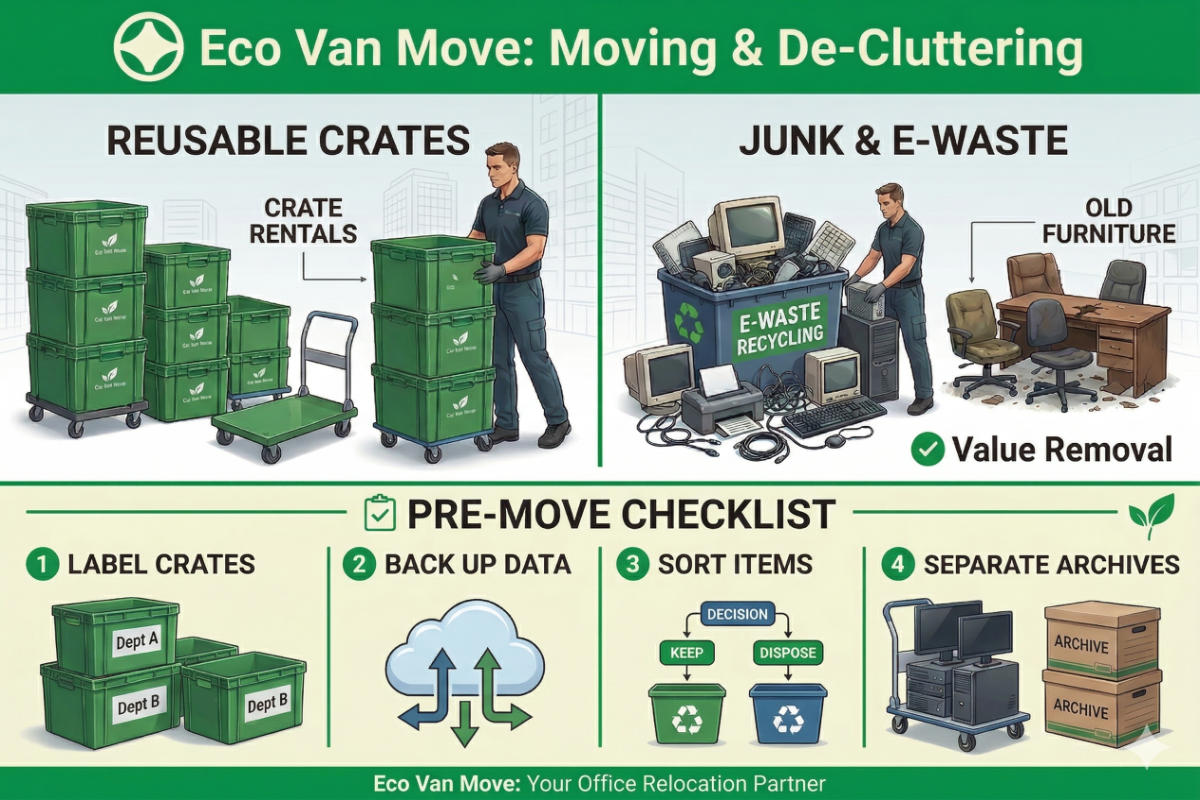 Eco Van Move office relocation infographic showing crate rentals, e-waste removal, old furniture disposal, and a pre-move checklist.