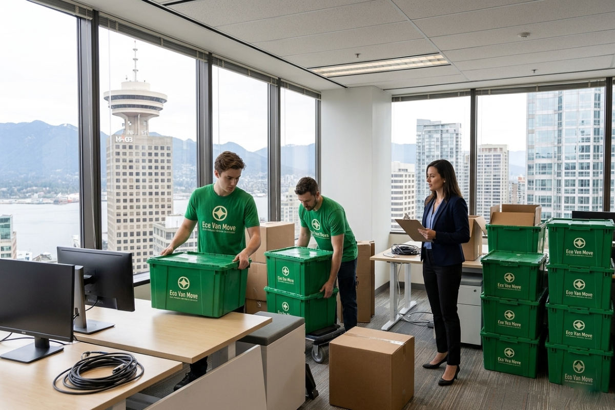 Eco Van Move workers packing green reusable bins during an office move in a high-rise with Vancouver skyline view.