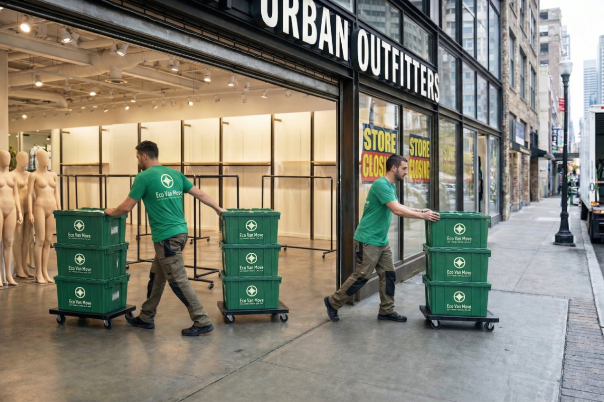 Eco Van Move staff pushing green reusable moving bins on dollies outside a retail store during a relocation.