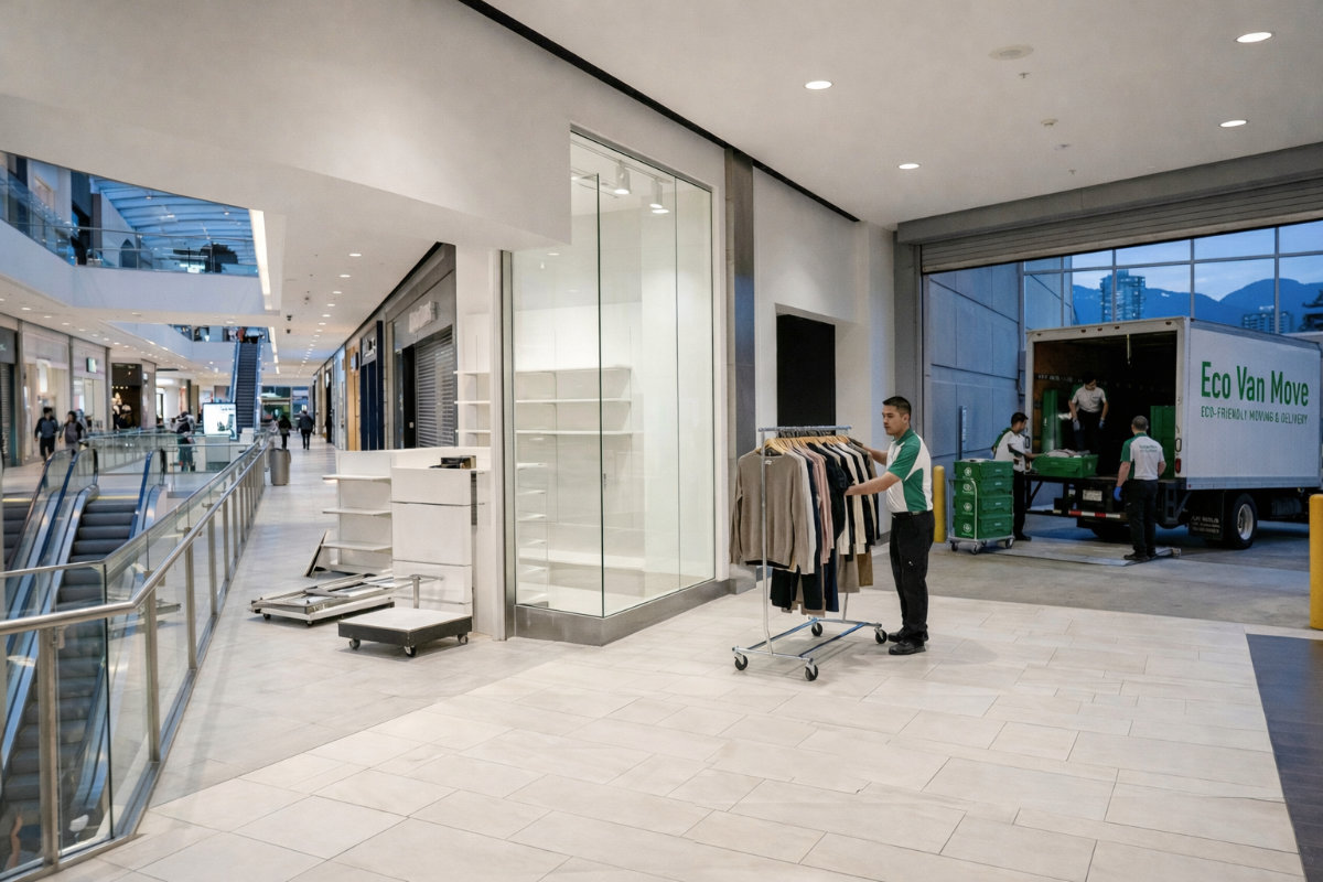 Retail movers transporting clothing racks and reusable bins from a store to an Eco Van Move truck in a shopping mall loading area.