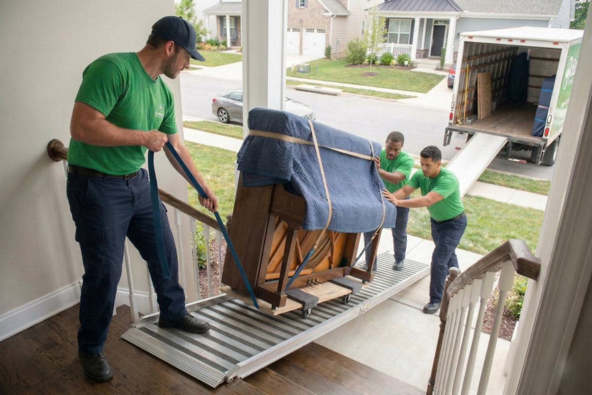 Three movers in green shirts carefully guide a blanket-covered upright piano down a modern staircase.