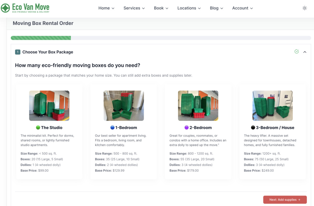 Eco Van Move online booking page displaying four reusable moving box rental packages based on home size.
