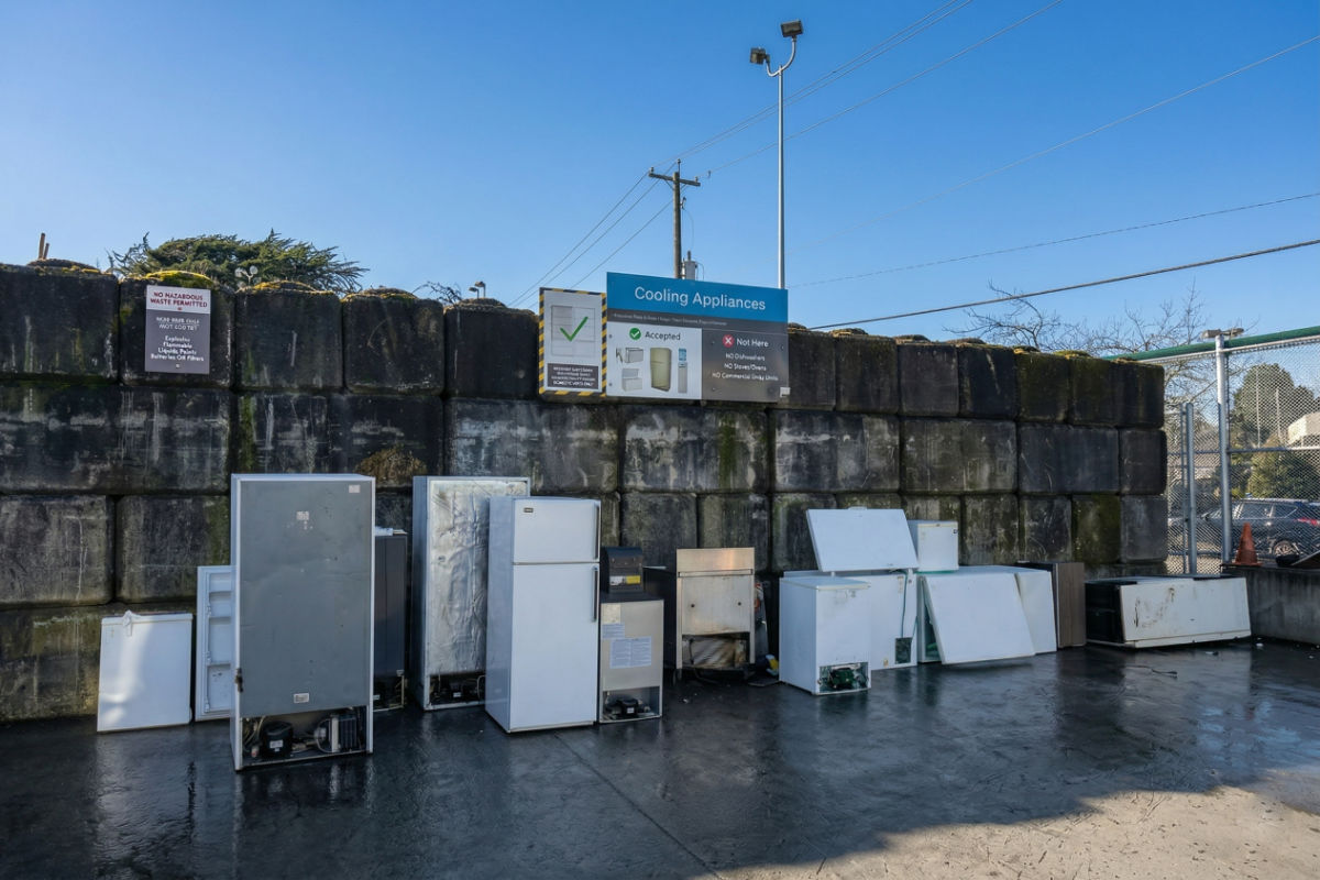 Old refrigerators and cooling appliances lined up at a recycling drop-off area under a clear sky.