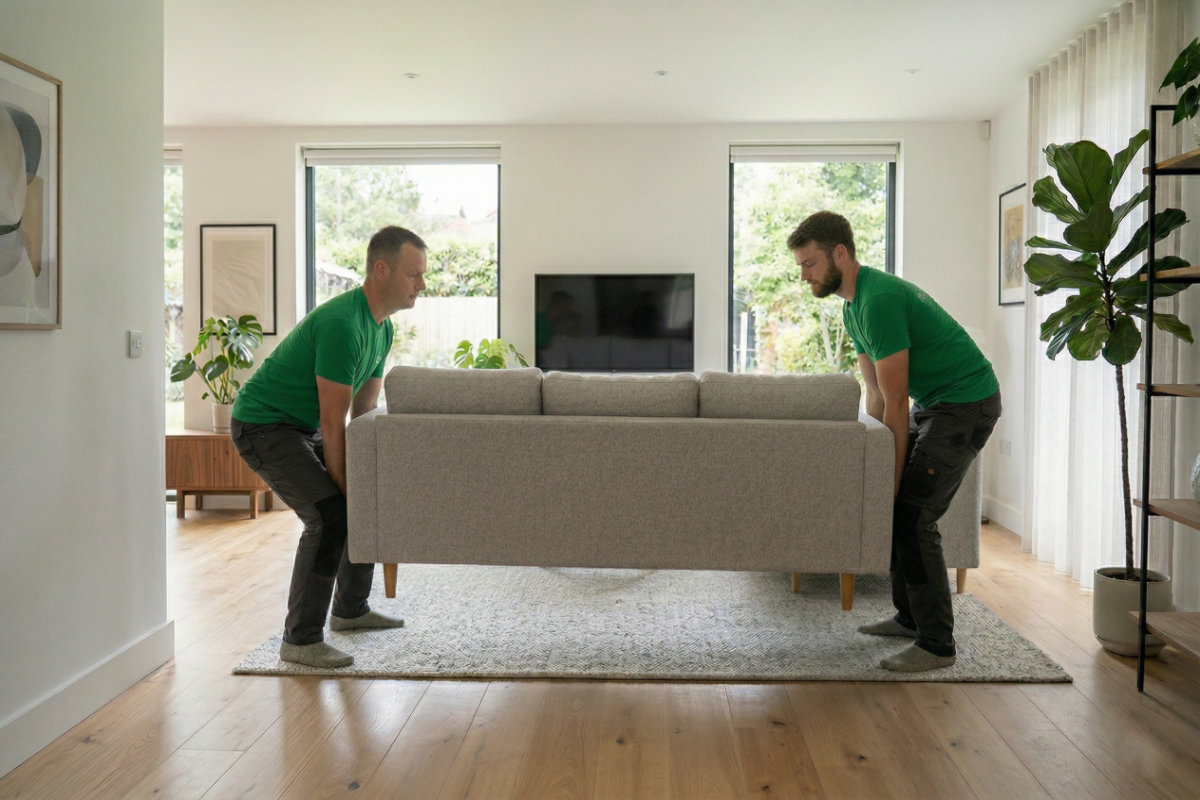 Two Eco Van Move professionals delivering a light gray sofa to a modern home.