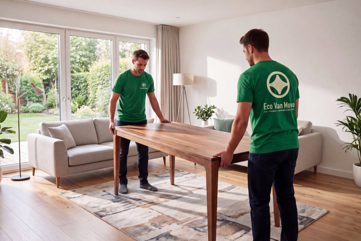 Two movers in green Eco Van Move shirts placing a wooden dining table in a bright modern living room.